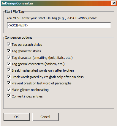 InDesignConverter options